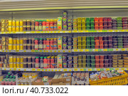 Yoghurts and puddings in a supermarket (2014 год). Редакционное фото, фотограф Анна Кривицкая / Фотобанк Лори