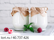 Organic probiotic milk kefir drink or yogurt in glass containers, with raspberry, on the white grey background. Gut health. Probiotic cold fermented dairy drink. Trendy food and drink. Copy space. Стоковое фото, фотограф Tatiana Syrtseva / Фотобанк Лори