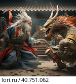 A man fights a dragon. Стоковое AI-изображение, AI-художник Кирилл Черезов / Фотобанк Лори