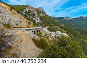 Laspi mountain pass, view of tunnel and Garin Mikhailovsky cliff. Стоковое фото, фотограф Анна Кривицкая / Фотобанк Лори