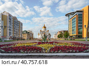 Cathedral of St. Theodore Ushakov in Saransk, consecrated in 2009, Russia. It is named after the Russian saint and Admiral Fyodor Ushakov. inscription above the entrance reads: Cathedral of the Holy Righteous Warrior Feodor Ushakov. 05.06.2023 , Saransk, Mordovia, Russia. Редакционное фото, фотограф Оксана Медведева / Фотобанк Лори
