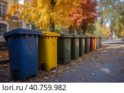Multi-colored garbage containers on the city street, recycling and separate waste collection concept, AI Generated. Стоковое AI-изображение, AI-художник Станислав Тарко / Фотобанк Лори