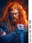 A portrait of old norse scandinavian pagan god Thor with long red hair holding hist hammer Mjolnir. Generative AI image. Стоковое AI-изображение, AI-художник Сергей Старуш / Фотобанк Лори