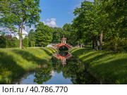 Cross bridge (Krestovy bridge) in the Alexander Park of Tsarskoye Selo on a sunny summer day, Pushkin, St. Petersburg, Russia. Стоковое фото, фотограф Ula Ulachka / Фотобанк Лори