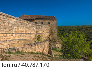The remains of a medieval fortress city (according to other sources - a monastery) Tepe-Kermen, covering the upper part of the mountain in several tiers (2020 год). Редакционное фото, фотограф Анна Кривицкая / Фотобанк Лори