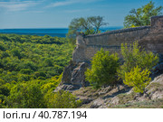 The remains of a medieval fortress city (according to other sources - a monastery) Tepe-Kermen, covering the upper part of the mountain in several tiers (2020 год). Редакционное фото, фотограф Анна Кривицкая / Фотобанк Лори