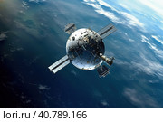 Space satellite orbiting the Earth. Generative AI. Стоковое AI-изображение, AI-художник Ирина Ручушкина / Фотобанк Лори