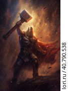 A portrait of old norse scandinavian pagan god Thor with long red hair holding hist hammer Mjolnir. Generative AI image. Стоковое AI-изображение, AI-художник Сергей Старуш / Фотобанк Лори