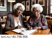 Mature afroamerican women at coffee shop. Portrait of confident mature professional woman sitting in cafe, using laptop computer for work, smiling happily indoors. Generative AI. Стоковое AI-изображение, AI-художник Sergey Grishin / Фотобанк Лори