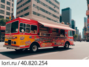 food truck parked in front of the shopping center. These mobile food vendors offer a variety of food and drinks. Generative AI. Стоковое AI-изображение, AI-художник Sergey Grishin / Фотобанк Лори