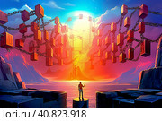 Блокчейн - концепция. Силуэт человека на фоне соединённых цепями блоков. Стоковое AI-изображение, AI-художник Татьяна Бакуменко / Фотобанк Лори