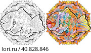 Cute doodle Taiyaki fish bread element on mandala. Isolated on white background for coloring. Стоковая иллюстрация, иллюстратор Наталья Андрейченко / Фотобанк Лори