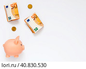 A piggy bank, paper money worth 50 euros and coins of 20 cents on a white background. The concept of preserving and increasing capital. Cash. Стоковое фото, фотограф Евгения Якименко / Фотобанк Лори