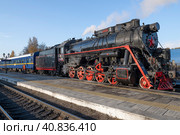 Старый советский паровоз Л-4429 с ретро поездом "Рускеальский экспресс" у платформы станции Сортавала солнечным октябрьским утром (2021 год). Редакционное фото, фотограф Виктор Карасев / Фотобанк Лори