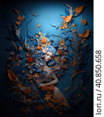 Mystical Fusion: Paper Sculptures in the Style of Tanya Shatseva and Viktor Vasnetsov, Inspired by Kokai Sy and Jessica Drossin. Azure and Amber Tones with Lively Naturalistic Colors. Стоковая иллюстрация, иллюстратор Konstantin Plotnikov / Фотобанк Лори