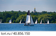 Small yacht with sail on Moscow River in Strogino Bay close-up (2023 год). Редакционное фото, фотограф Скрипачев Антон / Фотобанк Лори