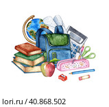 Watercolor illustration blue backpack and stationery image for students, schoolchildren, study equipment, school supplies. Back to school. Education concept isolated on white background. drawn. Стоковая иллюстрация, иллюстратор Андрей Золотарев / Фотобанк Лори