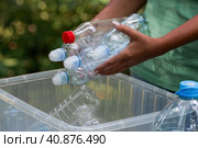Container of plastic bottles. Garbage collection around the world. Clean the planet of plastic garbage. Ecology. A woman sorts garbage. Стоковое фото, фотограф Photojuli / Фотобанк Лори