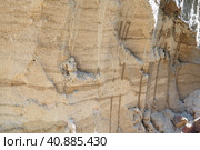 Sandstone is a fragmentary sedimentary rock, a homogeneous or layered aggregate of fragmentary grains and grains of sand bound by any mineral substance, cement. Quarry natural yellow sand wall. Стоковое фото, фотограф Юлия Петровская / Фотобанк Лори