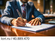 Male director signs documents in his office. Generative AI. Стоковое AI-изображение, AI-художник Юрий Поздников / Фотобанк Лори