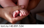 Father holding Baby Feet in Hands. Legs Newborn in male parents Hand. Small children's Feet in the Father's Palm. Close-up. Little Toes of Child and Man Hands of Happy Parent. Father's Day Holiday. Стоковое видео, видеограф Марина Демидюк / Фотобанк Лори