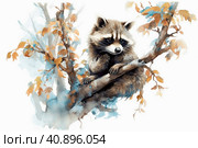 Cute raccoon on a branch on a white background, watercolor painting , Generative AI. Стоковое AI-изображение, AI-художник Анна Кривицкая / Фотобанк Лори