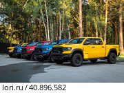 Novosibirsk, Russia - July 21, 2023: Row of multi-colored Dodge Ram Trx parked on the street on a warm summer day against the background of the park. Стоковое фото, фотограф Виталий Сова / Фотобанк Лори