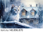 Cat on the background at the city at night, winter and snow-covered gabled roofs, smoke from chimneys in the rococo style,, watercolor painting , Generative AI. Стоковое AI-изображение, AI-художник Анна Кривицкая / Фотобанк Лори