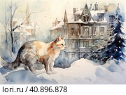 Cat on the background at the city at night, winter and snow-covered gabled roofs, smoke from chimneys in the rococo style,, watercolor painting , Generative AI. Стоковое AI-изображение, AI-художник Анна Кривицкая / Фотобанк Лори