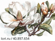 Blooming white magnolia isolated on white background, watercolor painting , Generative AI. Стоковое AI-изображение, AI-художник Анна Кривицкая / Фотобанк Лори