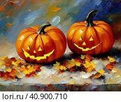 Decorative ornamental orange pumpkins. A jack-o'-lantern or jack o'lantern. Halloween or Hallowe'en, Allhalloween, All Hallows' Eve, or All Saints' Eve. Bright vegetable background - still life. Стоковое AI-изображение, AI-художник Юлия Петровская / Фотобанк Лори