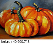 Decorative ornamental orange pumpkins. A jack-o'-lantern or jack o'lantern. Halloween or Hallowe'en, Allhalloween, All Hallows' Eve, or All Saints' Eve. Bright vegetable background - still life. Стоковое AI-изображение, AI-художник Юлия Петровская / Фотобанк Лори