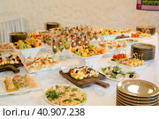кейтеринг свадебный фуршет в помещении роскошного ресторана с мясом красочными фруктами и овощами. Стоковое фото, фотограф Руслан Лесков / Фотобанк Лори