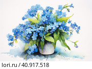 Forget-me-nots in a vase on a white background, watercolor style, Generative AI. Стоковое AI-изображение, AI-художник Анна Кривицкая / Фотобанк Лори
