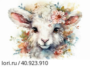 Cute white goatling and flowers on white background, watercolor style, Generative AI. Стоковое AI-изображение, AI-художник Анна Кривицкая / Фотобанк Лори