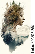 The image of a young beautiful girl and a forest with mountains. Generated by AI. Стоковое AI-изображение, AI-художник Ярославский Максим / Фотобанк Лори