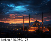A crescent moon in the twilight sky after sunset over the dome of the mosque and the ancient city. Generated by AI. Стоковое AI-изображение, AI-художник Ярославский Максим / Фотобанк Лори