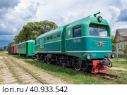 Советский тепловоз ТУ2 для узкоколейной железной дороги (750мм) на станции Тесово-Нетыльский июньский днем. Новгородская область (2023 год). Редакционное фото, фотограф Виктор Карасев / Фотобанк Лори