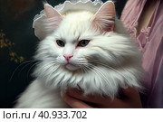 Chic white cat in her arms, lady cat, turkish angora, victorian drawing, watercolor style, Generative AI. Стоковое AI-изображение, AI-художник Анна Кривицкая / Фотобанк Лори