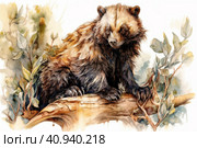 Wolverine in the forest, watercolor style, Generative AI. Стоковое AI-изображение, AI-художник Анна Кривицкая / Фотобанк Лори