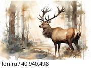 Deer with big antlers in the forest, watercolor style, Generative AI. Стоковое AI-изображение, AI-художник Анна Кривицкая / Фотобанк Лори