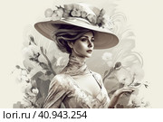 Light monochrome modern beautiful woman in 1910s fashion style with hourglass waist, voluminous skirt and wide hat decorated with flowers and veil.  Generative AI. Стоковое AI-изображение, AI-художник Анна Кривицкая / Фотобанк Лори