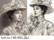 Light monochrome modern beautiful woman in 1910s fashion style with hourglass waist, voluminous skirt and wide hat decorated with flowers and veil.  Generative AI. Стоковое AI-изображение, AI-художник Анна Кривицкая / Фотобанк Лори