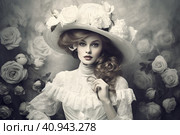 Light monochrome modern beautiful woman in 1910s fashion style with hourglass waist, voluminous skirt and wide hat decorated with flowers and veil.  Generative AI. Стоковое AI-изображение, AI-художник Анна Кривицкая / Фотобанк Лори
