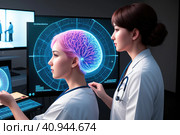 Medical Hospital: Neurologist and Neurosurgeon Talk, Use Computer, Analyse Patient MRI Scan, Diagnose Brain. Brain Surgery Health Clinic Lab: Two Professional Physicians Look at CT Scan. Generative AI. Стоковое AI-изображение, AI-художник Sergey Grishin / Фотобанк Лори