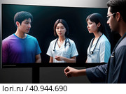 Medical Hospital: Neurologist and Neurosurgeon Talk, Use Computer, Analyse Patient MRI Scan, Diagnose Brain. Brain Surgery Health Clinic Lab: Two Professional Physicians Look at CT Scan. Generative AI. Стоковое AI-изображение, AI-художник Sergey Grishin / Фотобанк Лори