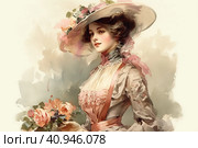 Modern beautiful woman in 1910s fashion style with hourglass waist, voluminous skirt and wide hat decorated with flowers and veil. Generative AI. Стоковое AI-изображение, AI-художник Анна Кривицкая / Фотобанк Лори