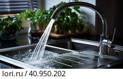 Kitchen water mixer. Water tap made of chrome material, Generative AI. Стоковое AI-изображение, AI-художник Ирина Ручушкина / Фотобанк Лори