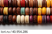 Extremely close-up photo of delicious chocolate-orange macaroni cookies of different colors close-up. Стоковое AI-изображение, AI-художник Ярославский Максим / Фотобанк Лори
