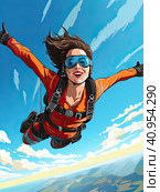 A female parachutist jumps out of an airplane and parachutes into the open sky. Created by AI. Стоковое AI-изображение, AI-художник Ярославский Максим / Фотобанк Лори
